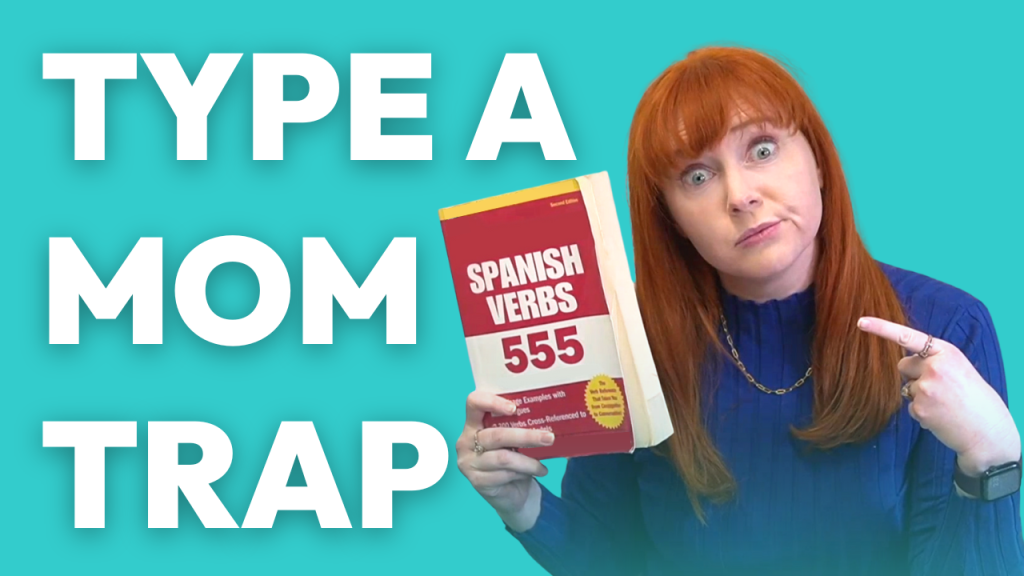Type A Mom Trap, Adelaide holding a Spanish Verbs 555 Book