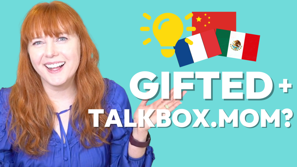 Gifted and Using TalkBox.Mom. Adelaide smiling with the China, France, and Mexico flags next to her