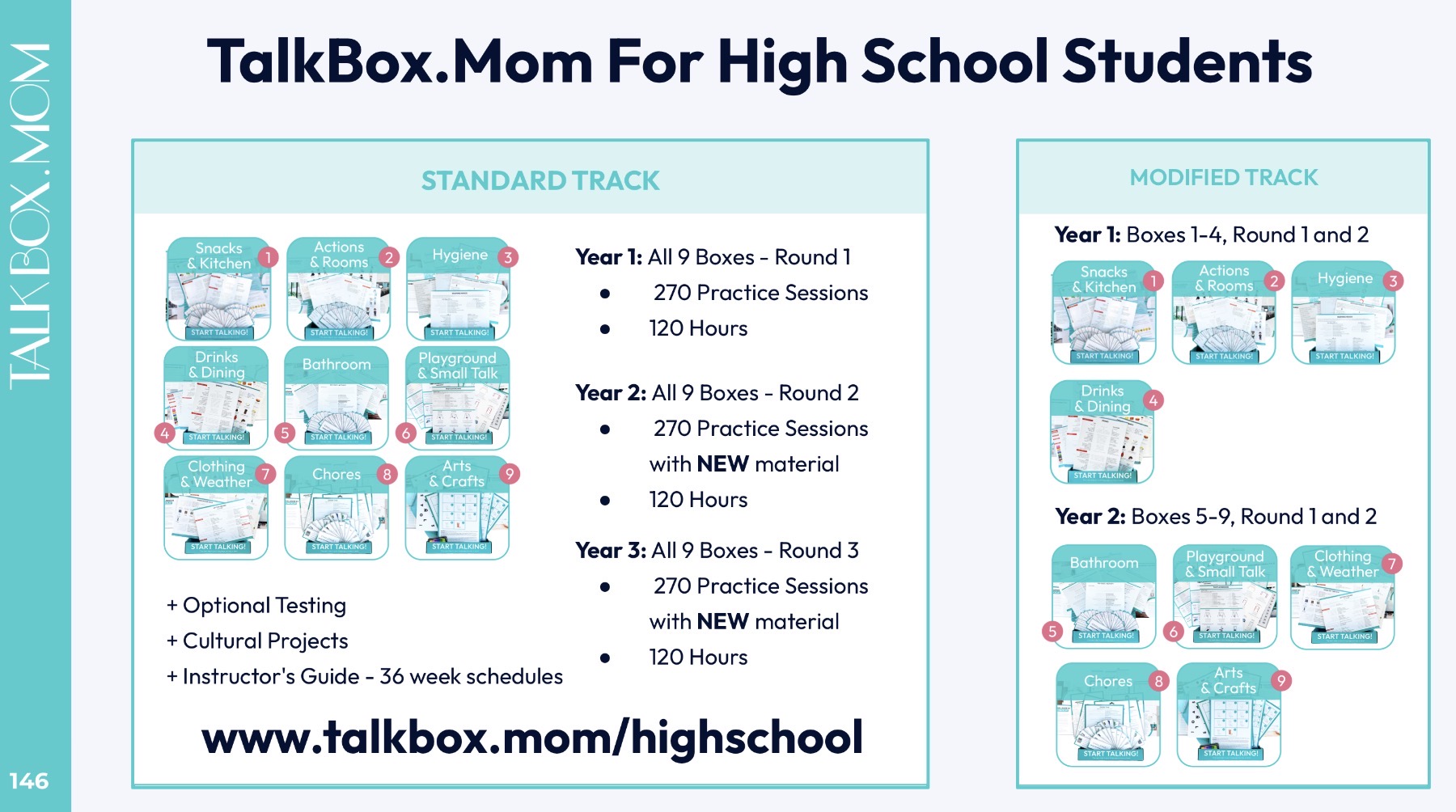 The tracks from TalkBox.Mom for High School Students. There's a standard track and modified track. 
