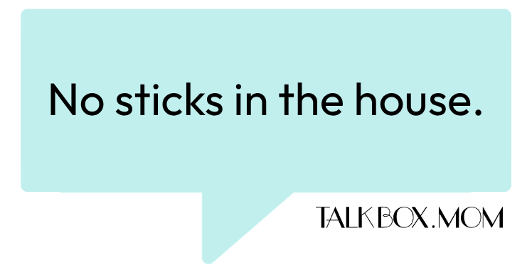 A speech bubble that says No sticks in the house TalkBoxMom
