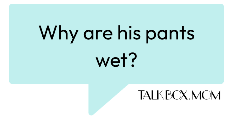 A speech bubble that says Why are his pants wet TalkBoxMom