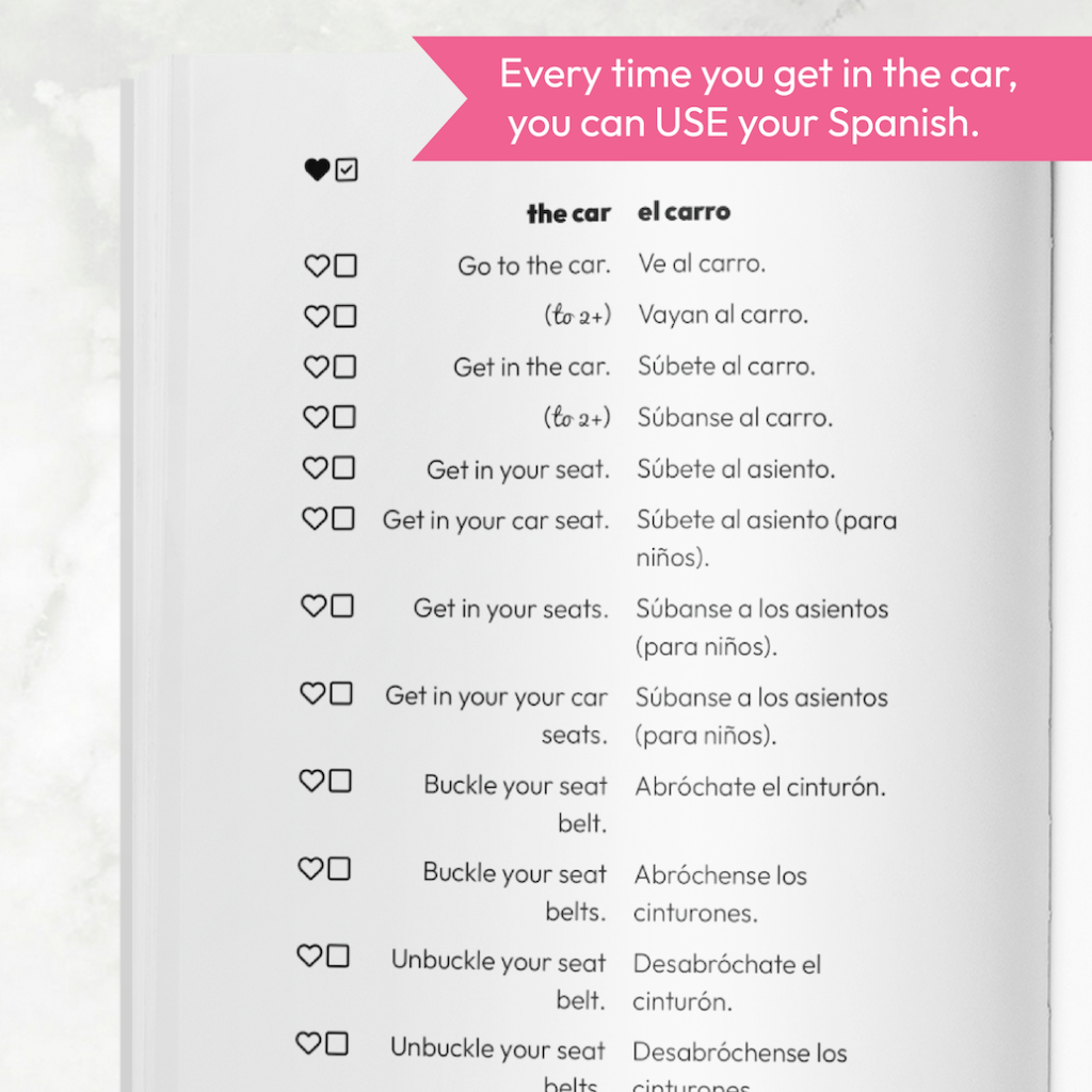 A preview of the car phrases from the Use Spanish at Home book