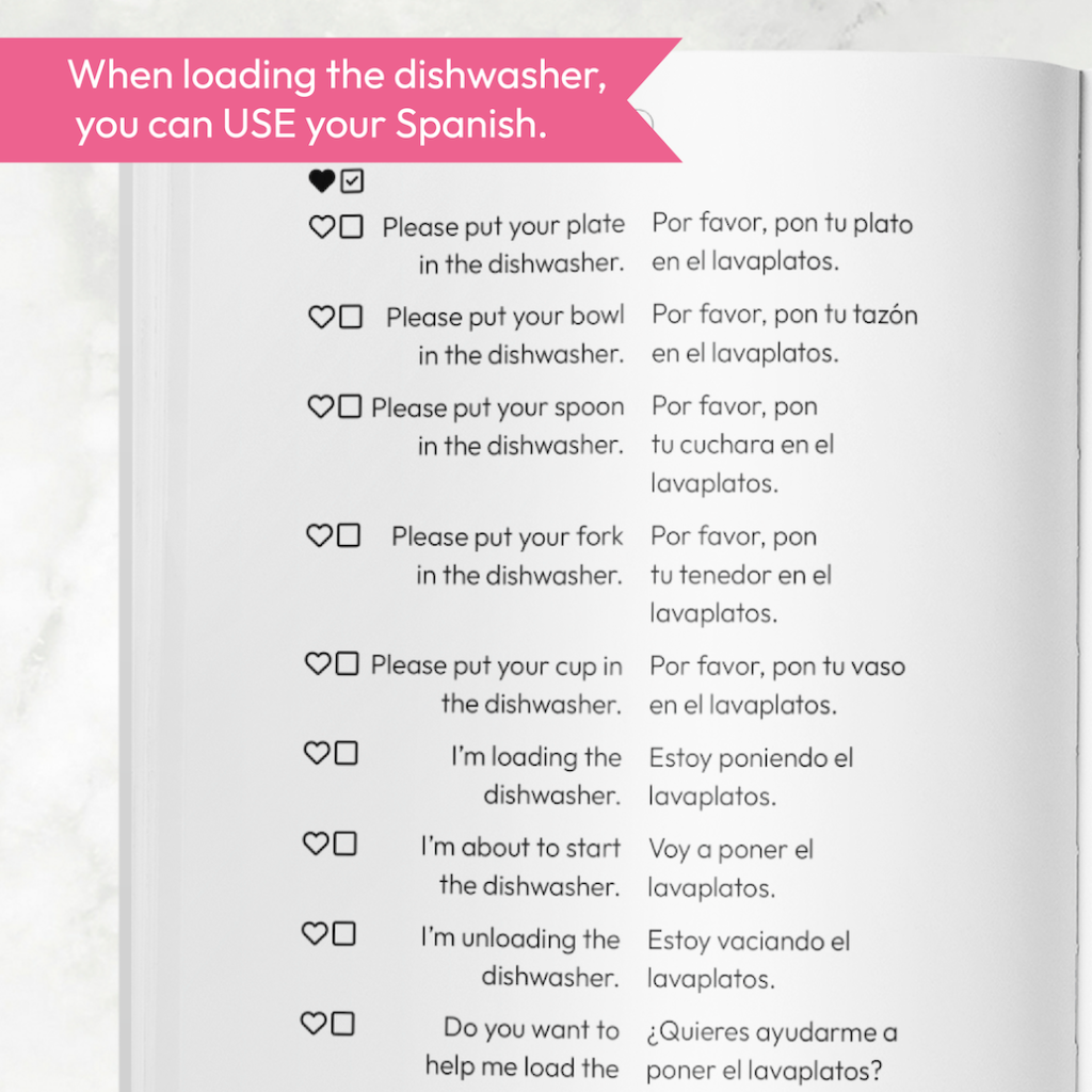 A preview of the dishwasher phrases from the Use Spanish at Home book