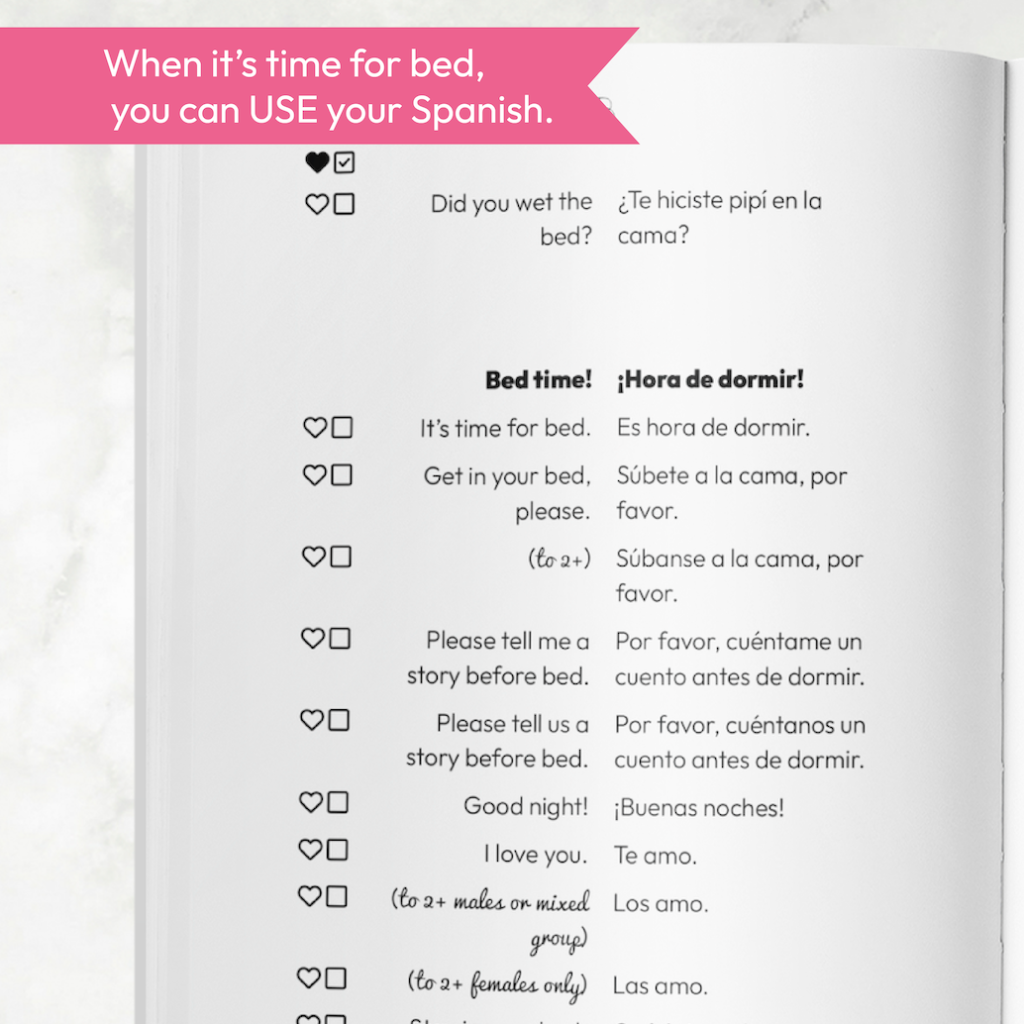 A preview of the bed time phrases from the Use Spanish at Home book